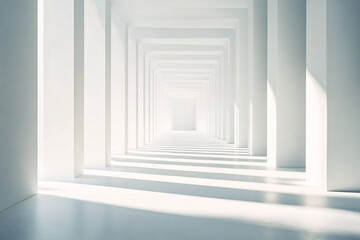 A minimalistic white corridor featuring clean lines and soft shadows, creating a serene and modern atmosphere with a sense of infinity