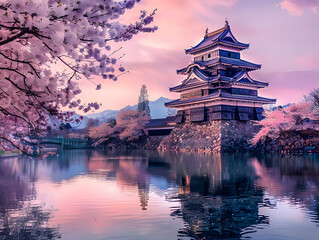 Obraz premium Japanese Castle with Cherry Blossoms and Reflections in Water - Illustration