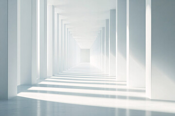 Fototapeta premium A bright, minimalistic white corridor filled with shadows, creating a sense of depth, light, and endless possibilities in a modern design