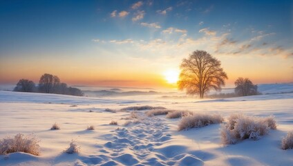 Beautiful landscape with winter forest at sunset.