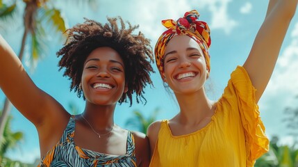 Two friends joyfully celebrate together, showcasing their cultural diversity and happiness