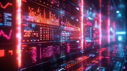 Obraz premium A high-resolution image of a futuristic interface displaying stock trends and data analytics, holographic screens with intricate graphs and charts.