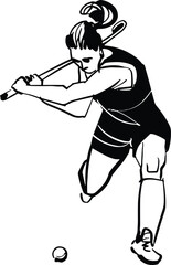 Vector drawing of a sketch-style girl athlete playing field hockey