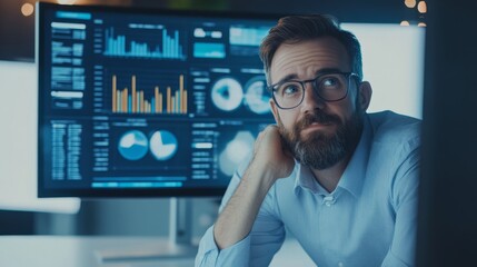 Data Analyst Reviewing Statistical Charts on Large Monitor in a Bright Modern Office Setting with Space for Text Overlay