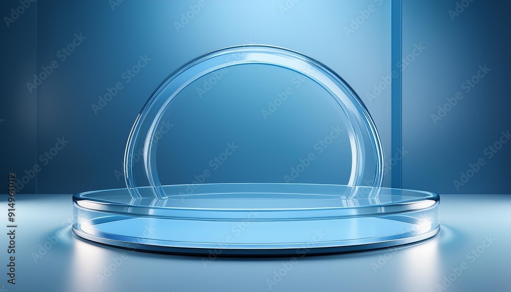Poster transparent glass display stand with a curved arch and blue background creating a modern presentatio