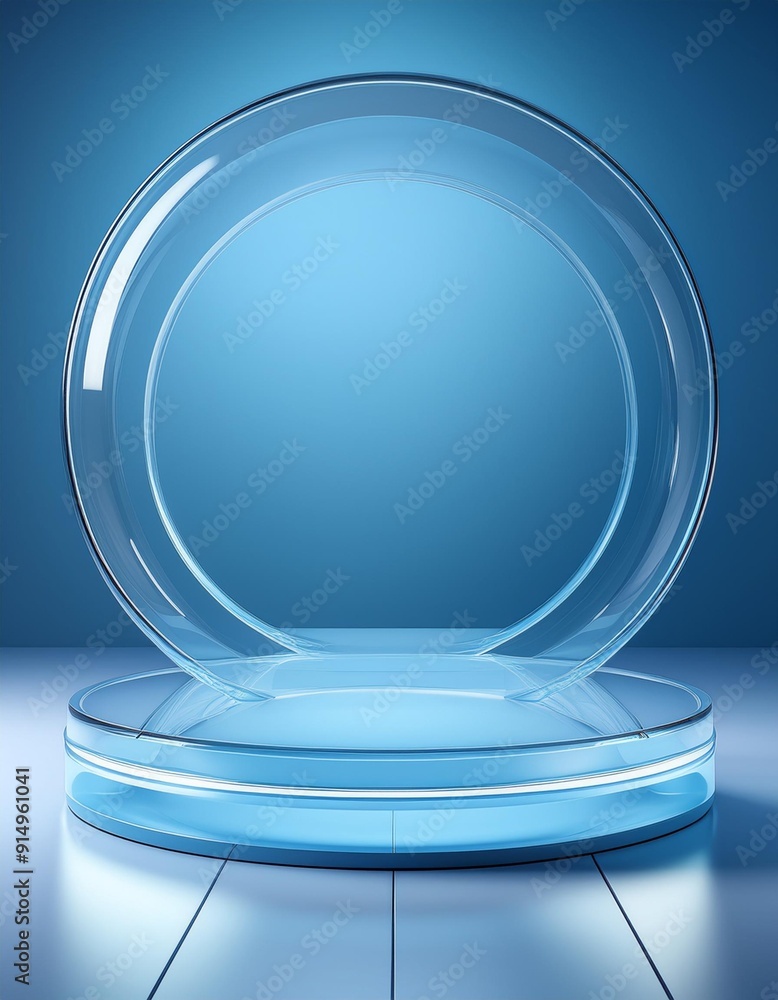Poster glass display platform with a modern circular design set against a smooth blue background for produc