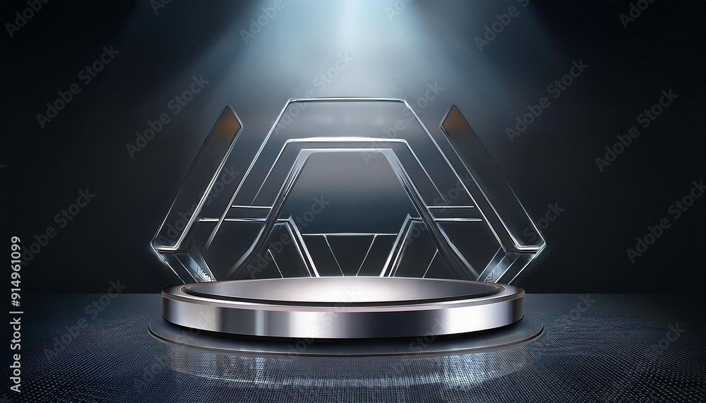 Poster futuristic empty display stage with sleek geometric design illuminated by dramatic lighting against 