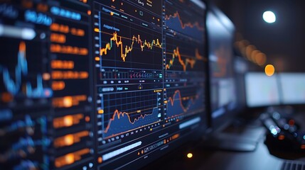 A professional close-up photograph of a graphical user interface showing stock trading algorithms, with detailed charts and live indicators on a large screen.