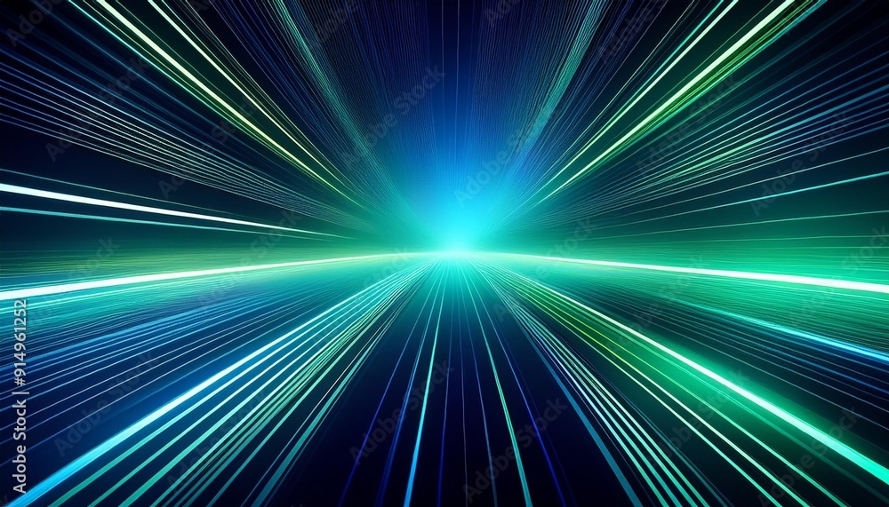 Poster abstract illustration of dynamic light rays moving towards a central bright point, creating a sense 