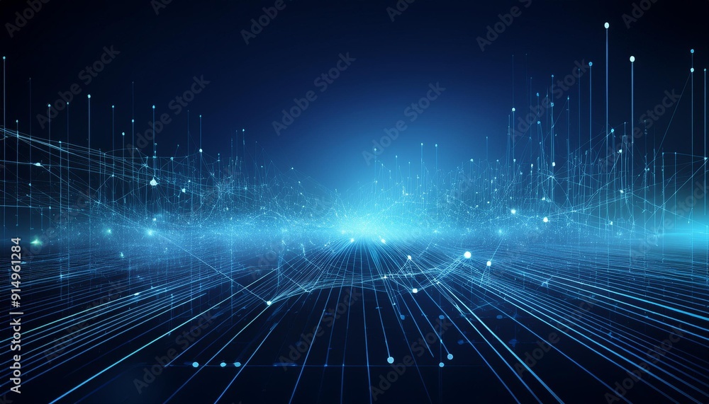 Poster abstract digital landscape with glowing lines and dots, representing advanced technology and data vi