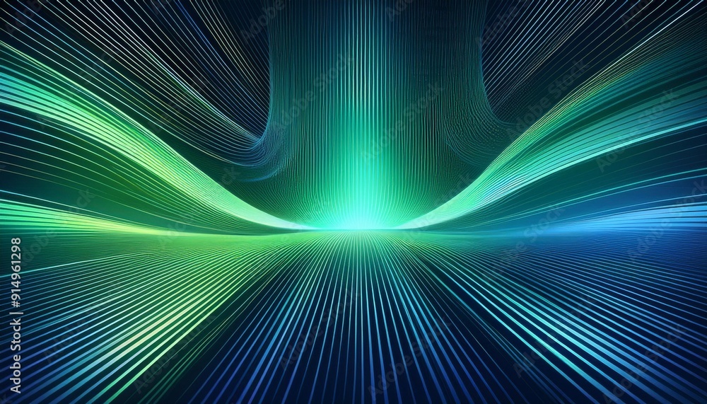Poster abstract digital background with flowing lines in vibrant green and blue hues, creating a sense of m