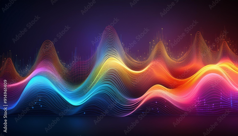 Poster abstract colorful sound wave illustration with smooth flowing lines on a dark background representin