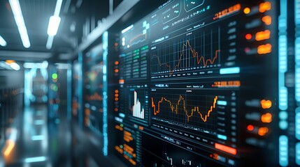 Naklejka premium A professional close-up photograph of an AI-driven stock market prediction dashboard, with detailed charts and predictive analytics.
