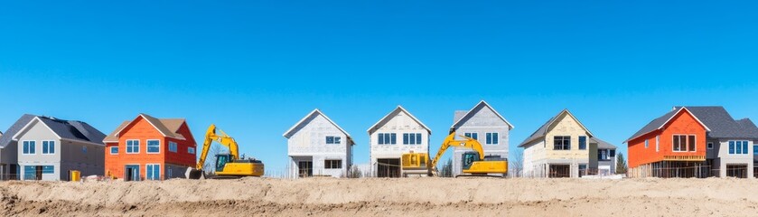 Bustling Residential Neighborhood Under Construction with Diverse Homes and Active Equipment