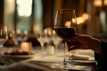 A person enjoys a glass of red wine while seated at an elegantly set table, illuminated by warm lighting in a cozy restaurant atmosphere