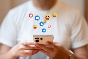 Social Distancing ,Working From Home concept.The concept of living on vacation and playing social media. Social media and digital online concept, man using smart phone with Social media.