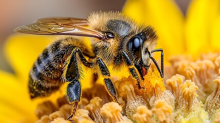 Fototapeta premium Black and yellow bumblebee collects pollen from vibrant yellow flower in summer garden closeup