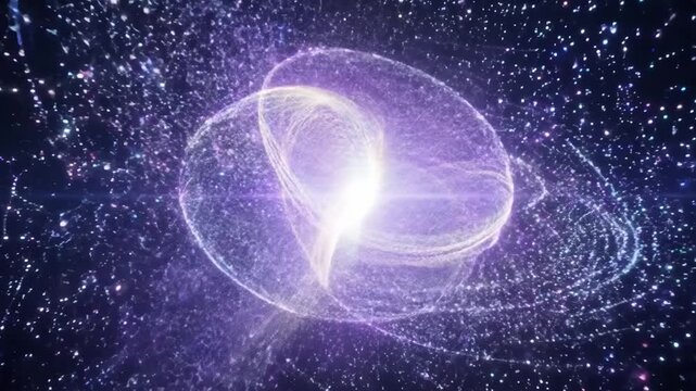 Dynamic light particles scatter and regroup, creating cosmic patterns.