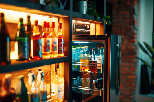 Fridge stocked with beverages in a stylish home theater. Generative AI