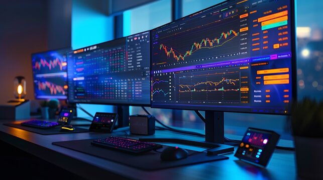 A realistic image of a graphical user interface showing stock trading algorithms, with detailed graphs and live indicators.