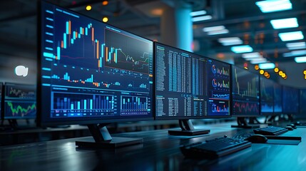 A realistic image of real-time stock market data on a computer screen, multiple graphs, and tickers, blue light reflecting off the screen in a dark office setting.