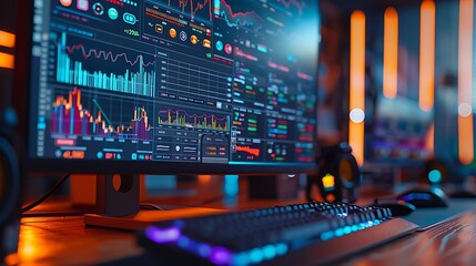 A sharp close-up photograph of a cryptocurrency trading interface alongside traditional stock data, with bright and colorful graphs and indicators displayed on a large monitor.