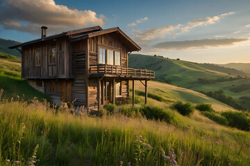 A house on a hill with mountains background
