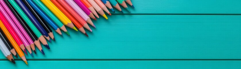 Fototapeta premium Colorful pencils arranged on a vibrant turquoise background, perfect for art, creativity, and education themes.
