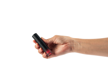 Close up of lip gloss in hand on transparent background.