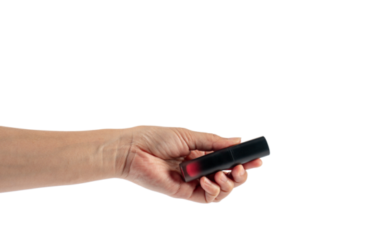 Close up of lip gloss in hand on transparent background.