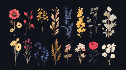 A vector illustration featuring a collection of pressed flowers arranged in a decorative collage. The design includes dried wild florals isolated on a dark background, with elements of decorative tape