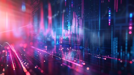 An abstract digital representation of stock market fluctuations, featuring vibrant lines and geometric shapes in dynamic motion. The background is a gradient of deep blues and purples,