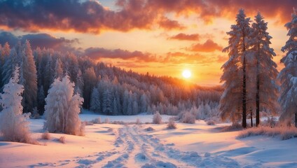 Fototapeta premium Beautiful landscape with winter forest at sunset.