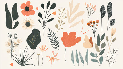 A simple abstract illustration featuring hand-drawn shapes and doodles of botanical elements. The design includes various flowers, leaves, and nature-inspired objects, presented in a contemporary 