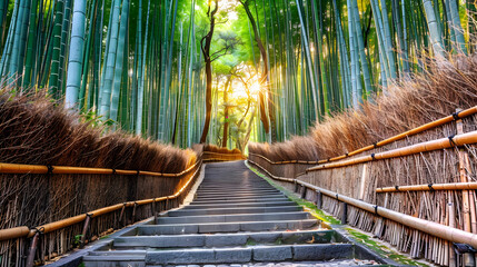 Fototapeta premium Stone Steps Leading Through a Lush Bamboo Forest - Photo