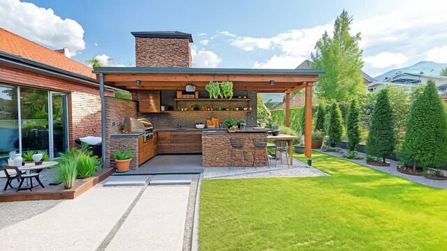 Preparing dinner in the sleek, new outdoor kitchen on a bright summer evening