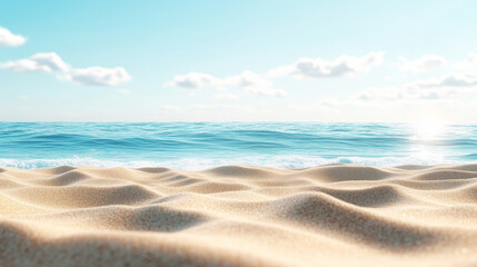 Fototapeta premium A summer beach scene features golden sand in the foreground, with the sparkling blue sea stretching out in the background. The clear sky and gentle waves create a tranquil and inviting atmosphere, 
