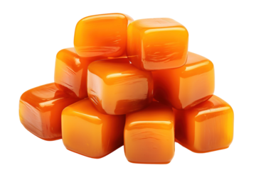 Deliciously Glossy Orange Square Candies Piled Together on a Bright White Background on Transparent PNG Background.
