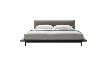 Stylish modern bed with a sleek headboard and soft pillows, perfect for contemporary bedroom decor and comfort.