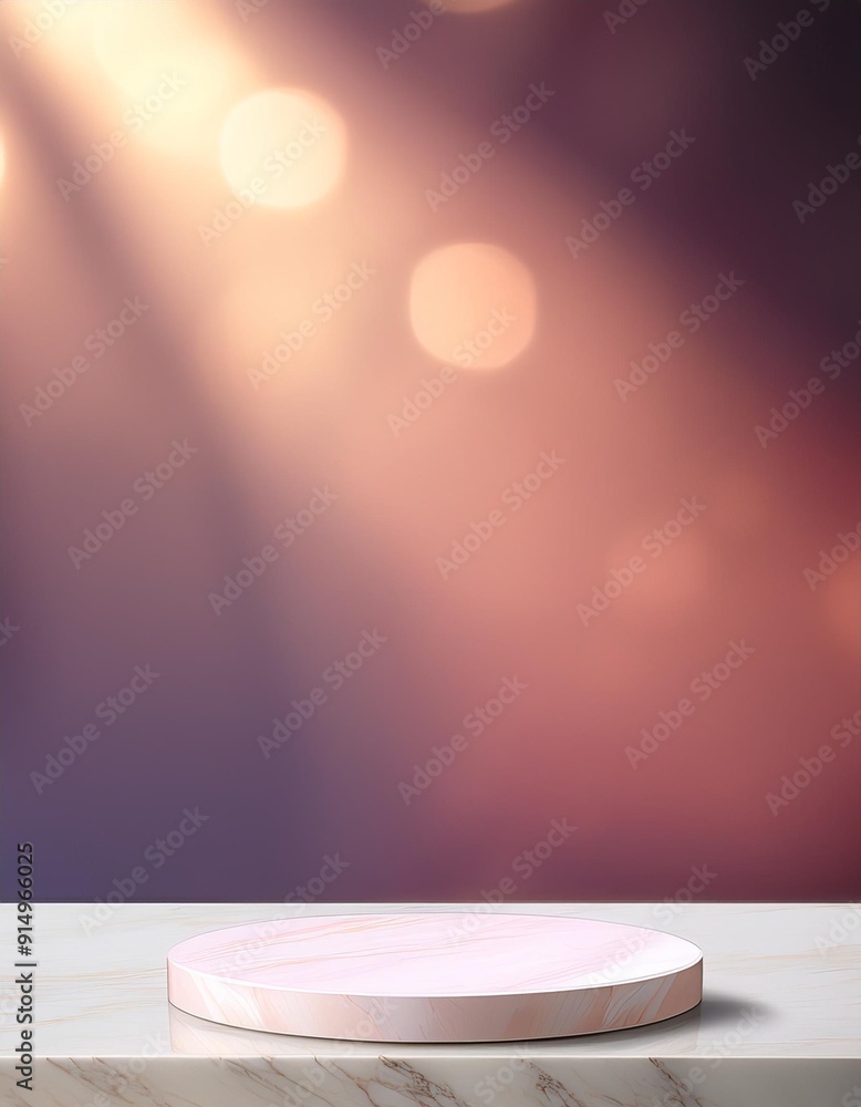 Poster circular marble display stand on a blurred gradient background with soft light beams highlighting th