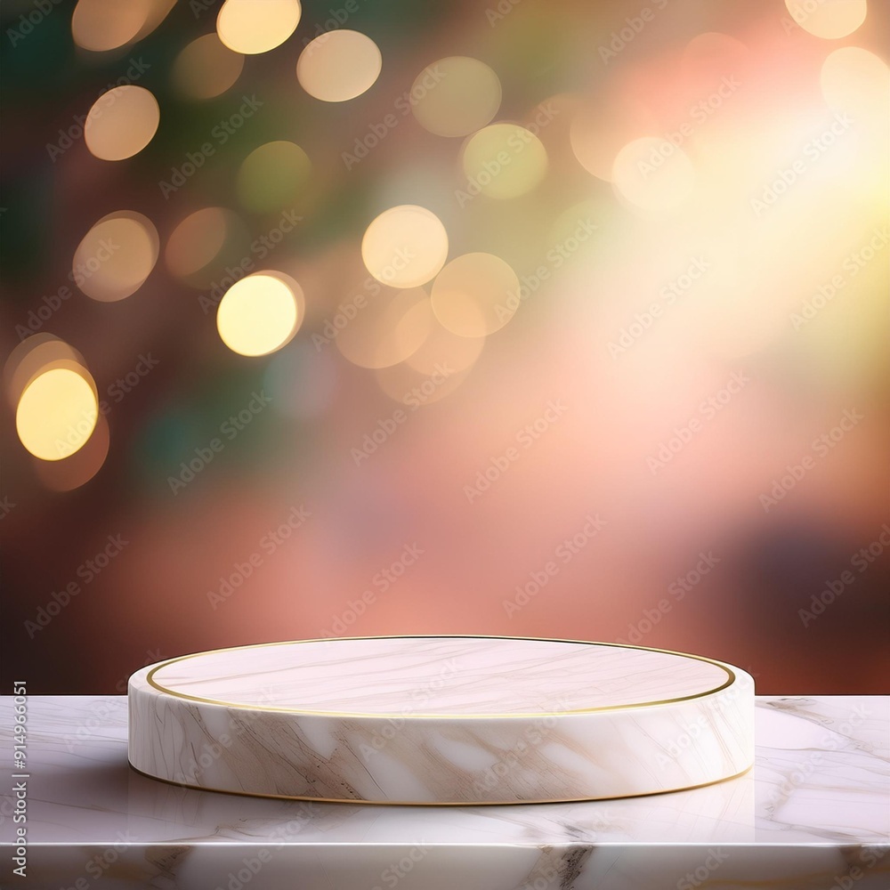 Poster elegant round marble display pedestal on a shallow depth of field background with bokeh lights, idea