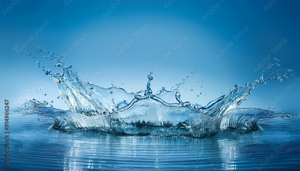 Poster splashing water creating dynamic ripples and droplets against a soft blue background, emphasizing mo