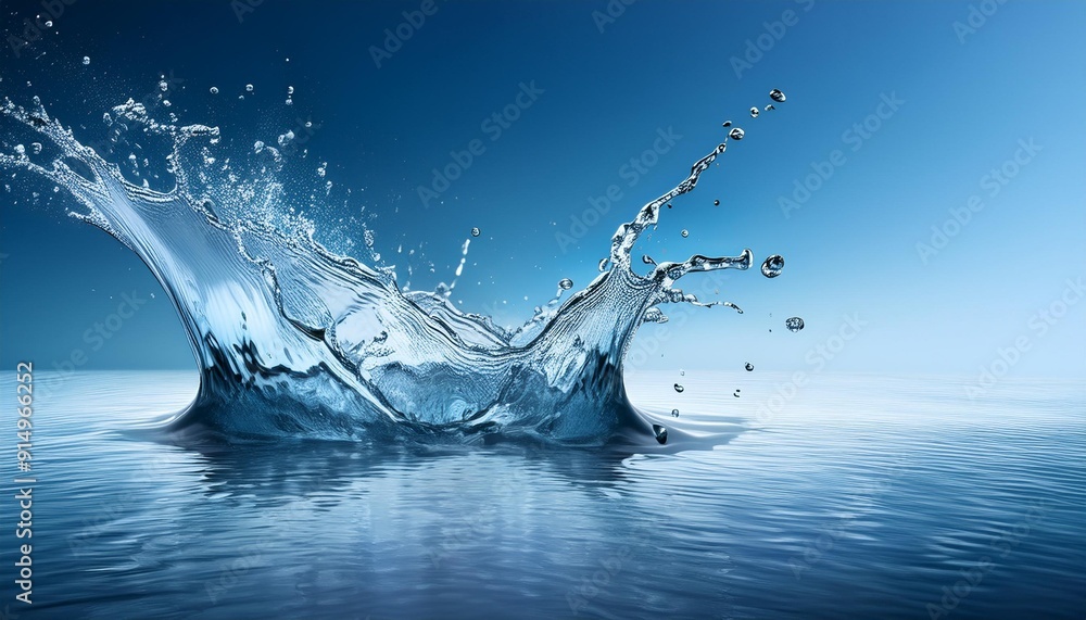 Poster splash of water creating dynamic droplets against a serene blue background, illustrating motion and 