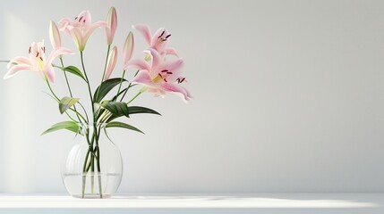Vase of pink lilies on indoor table by white wall © Lasvu
