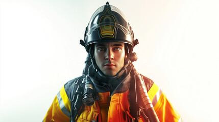 Fototapeta premium 3d rendered firefighter cartoon man in uniform holding a hose with a determined expression on a white background