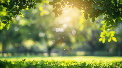 Obraz premium Green trees and sunlight in a park with blurred background and light bokeh; outdoor garden landscape with natural elements and abstract blur.
