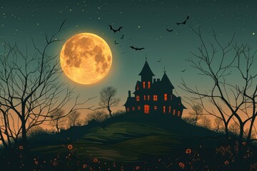 Fototapeta premium An old, spooky house on top of a hill with a full moon