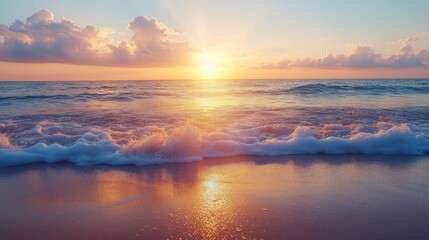 Fototapeta premium A serene beach at sunset with gentle waves, breathtaking 4k resolution, super-resolution preserves nuances with some grain