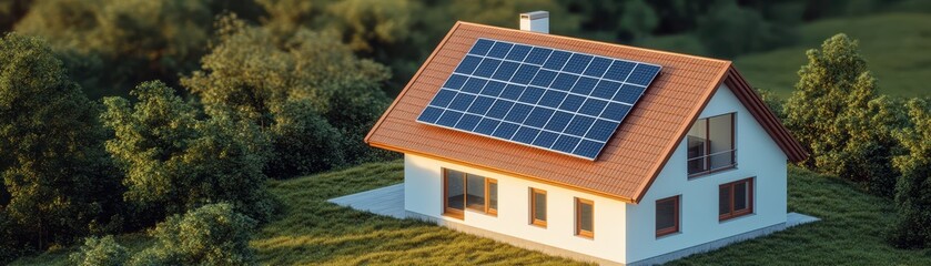 Fototapeta premium A modern house featuring solar panels on the roof, surrounded by lush greenery and a clear sky, embodying eco-friendly living.