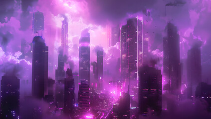 Fototapeta premium Dystopic cyberpunk city with smoke and purple sky. synth-wave dystopia design